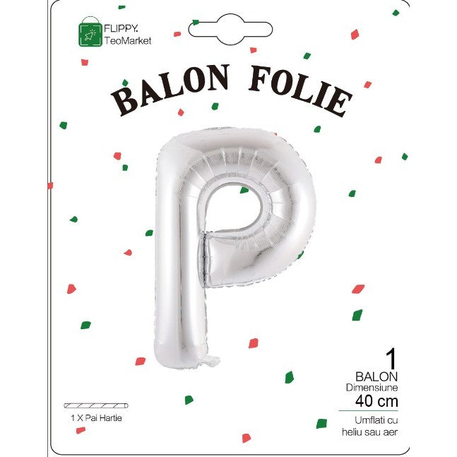 Balon Folie Metalizata Litera P, Decoratiune Petrecere Umflabila cu Heliu sau Aer, Aluminiu Rezistent, include Pai Umflare, 40 cm, Argintiu
