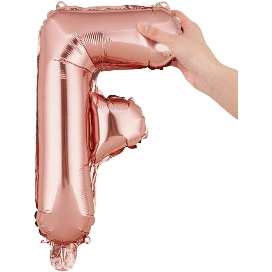 Balon Folie Metalizata Litera F, Decoratiune Aniversara cu Umflare Heliu sau Aer, Aluminiu, Include Pai, 40 cm, Rose Gold