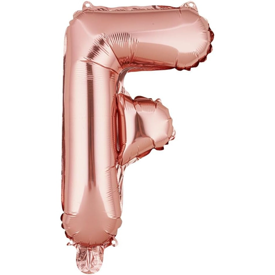 Balon Folie Metalizata Litera F, Decoratiune Aniversara cu Umflare Heliu sau Aer, Aluminiu, Include Pai, 40 cm, Rose Gold