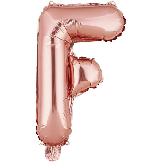 Balon Folie Metalizata Litera F, Decoratiune Aniversara cu Umflare Heliu sau Aer, Aluminiu, Include Pai, 40 cm, Rose Gold