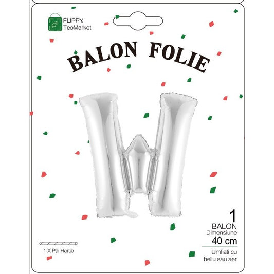 Balon Folie Metalizata Litera W, Decoratiune Petrecere Aniversara, Compatibil Heliu sau Aer, Include Pai de Umflare, Argintiu, 40 cm