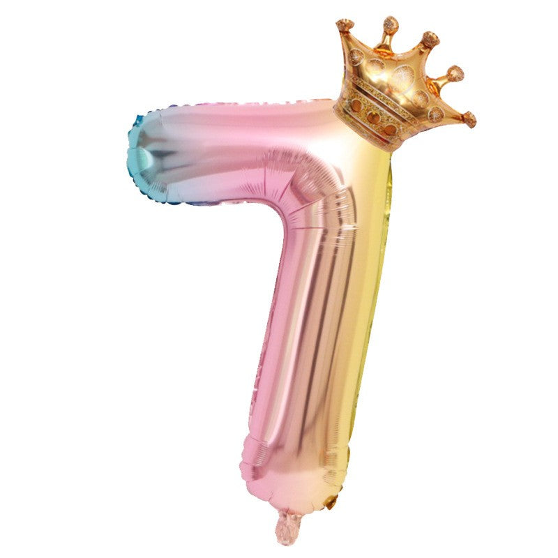 Balon Aniversar Cifra 7 Cu Coronita, Figurina Din Folie Metalizata Gradient, Umflare Aer Sau Heliu, 80 cm, Multicolor