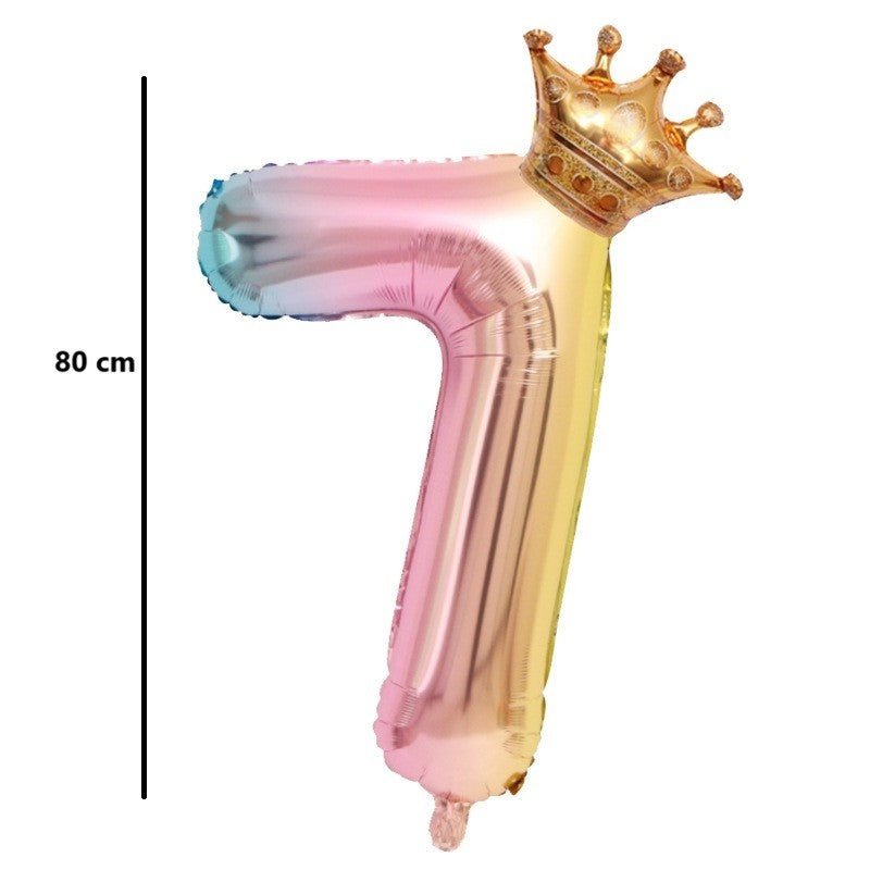 Balon Aniversar Cifra 7 Cu Coronita, Figurina Din Folie Metalizata Gradient, Umflare Aer Sau Heliu, 80 cm, Multicolor