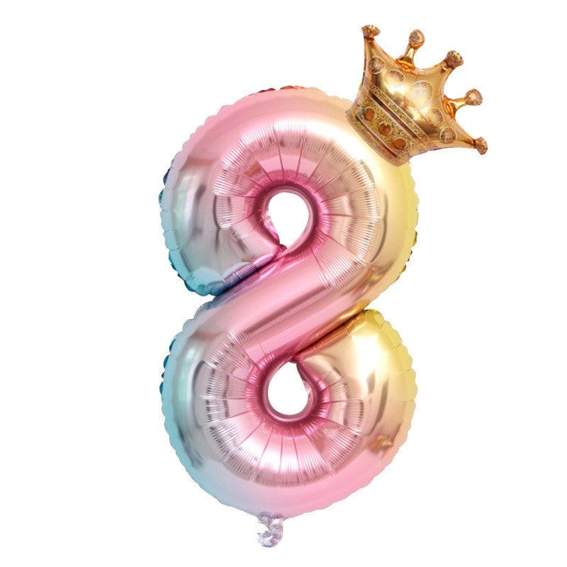 Balon Aniversar Cifra 8 cu Coronita, Figurina din Folie de Aluminiu, Design Gradient Multicolor, Umflare Aer sau Heliu, 80 cm
