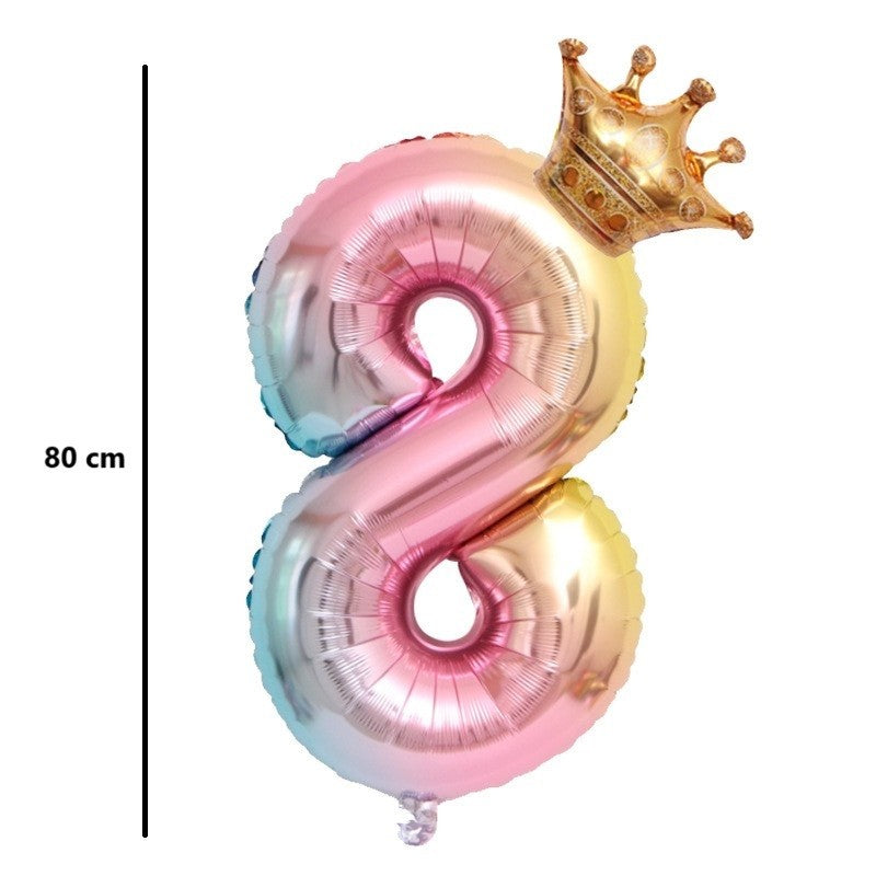 Balon Aniversar Cifra 8 cu Coronita, Figurina din Folie de Aluminiu, Design Gradient Multicolor, Umflare Aer sau Heliu, 80 cm