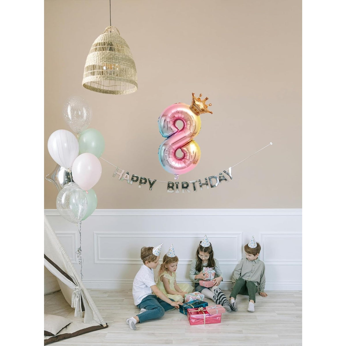 Balon Aniversar Cifra 8 cu Coronita, Figurina din Folie de Aluminiu, Design Gradient Multicolor, Umflare Aer sau Heliu, 80 cm
