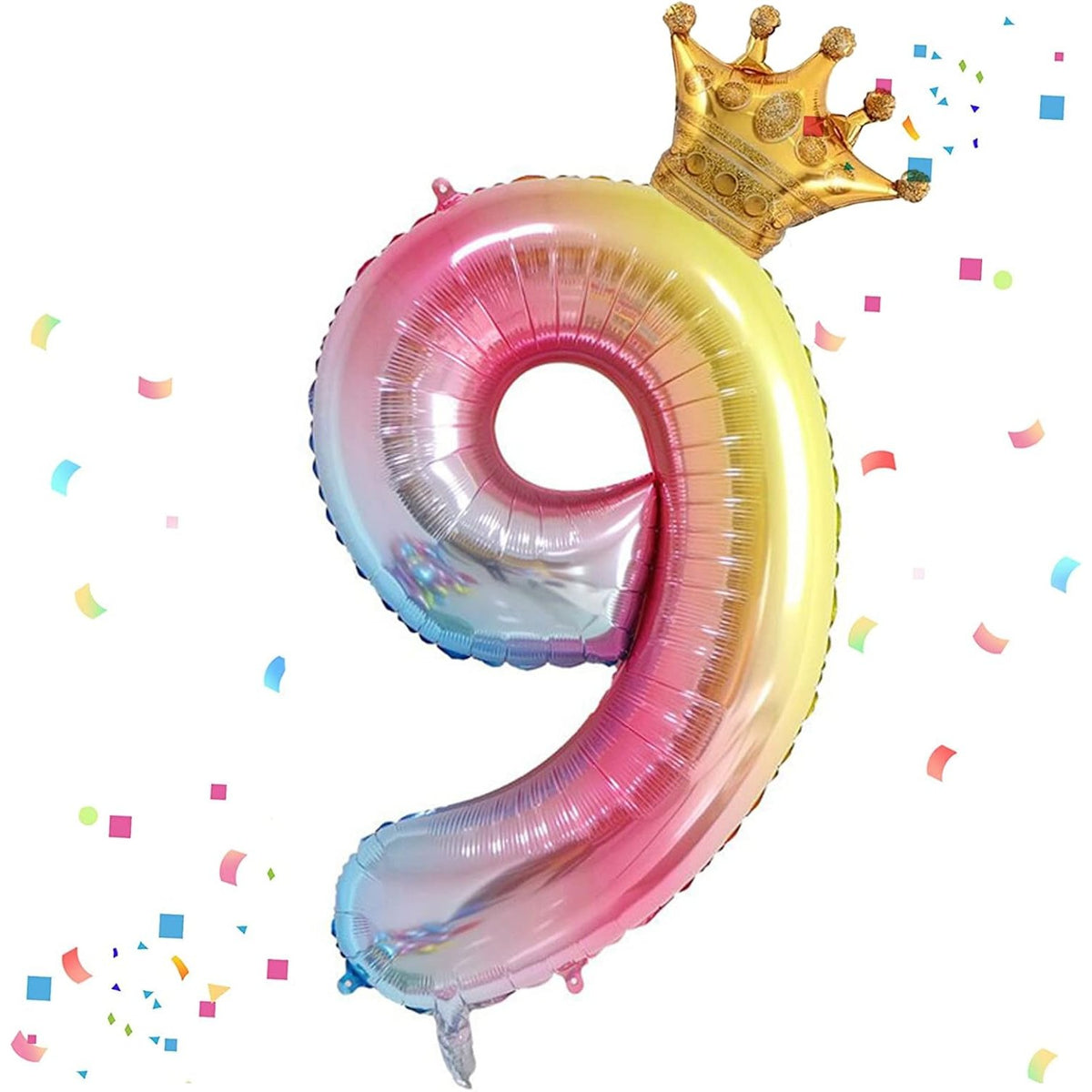 Balon Aniversar Cifra 9, Figurina din Folie Metalizata cu Coronita, Design Gradient Multicolor, Umflare cu Aer sau Heliu, 80 cm
