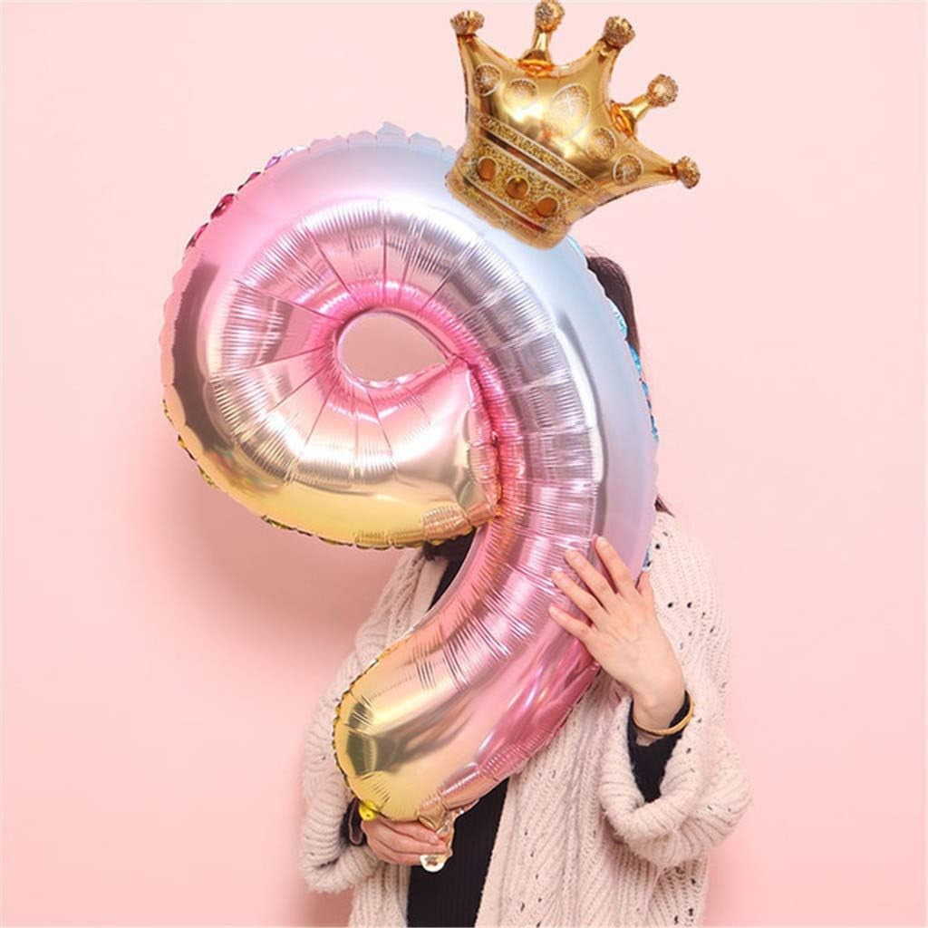Balon Aniversar Cifra 9, Figurina din Folie Metalizata cu Coronita, Design Gradient Multicolor, Umflare cu Aer sau Heliu, 80 cm