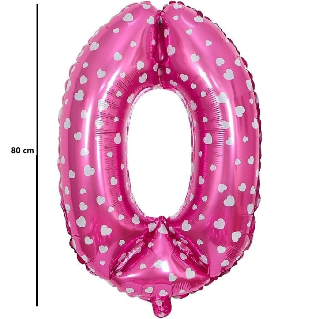 Balon din Folie Metalizata Cifra 0, Figurina Aniversara cu Imprimeu Inimi, Umflare Aer sau Heliu, Roz, 80 cm, 1 Bucata