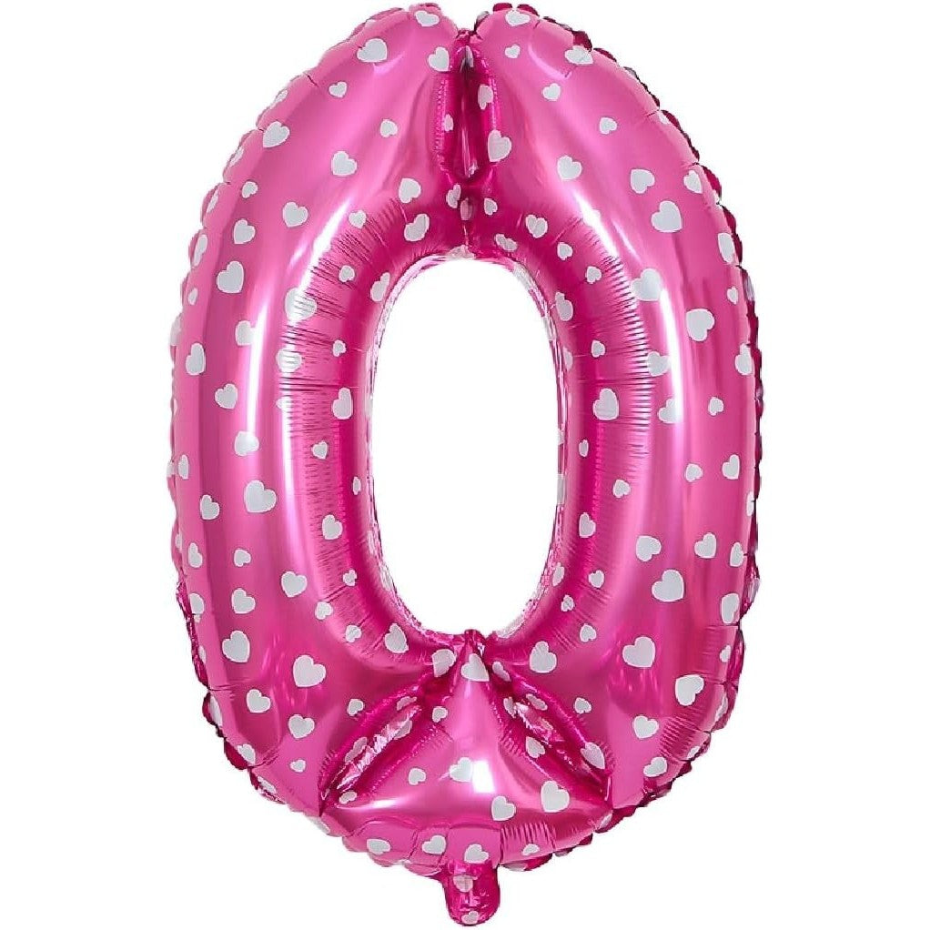 Balon din Folie Metalizata Cifra 0, Figurina Aniversara cu Imprimeu Inimi, Umflare Aer sau Heliu, Roz, 80 cm, 1 Bucata