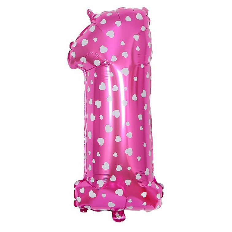 Balon Aniversar Cifra 1, Figurina din Folie Metalizata cu Imprimeu Inimi, Umflare Aer sau Heliu, Roz, 80 cm, Pai Inclus