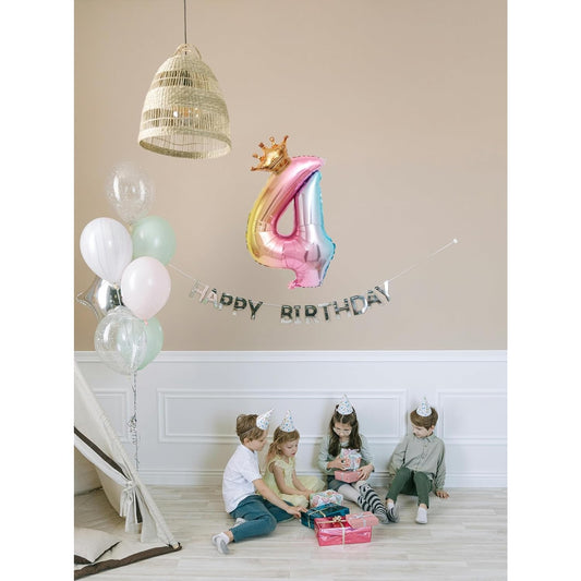 Balon Aniversar Cifra 4, Figurina Tip Coroana, Efect Gradient Multicolor, Folie Aluminiu, Inaltime 80 cm, Umflare Aer sau Heliu, Pai Inclus