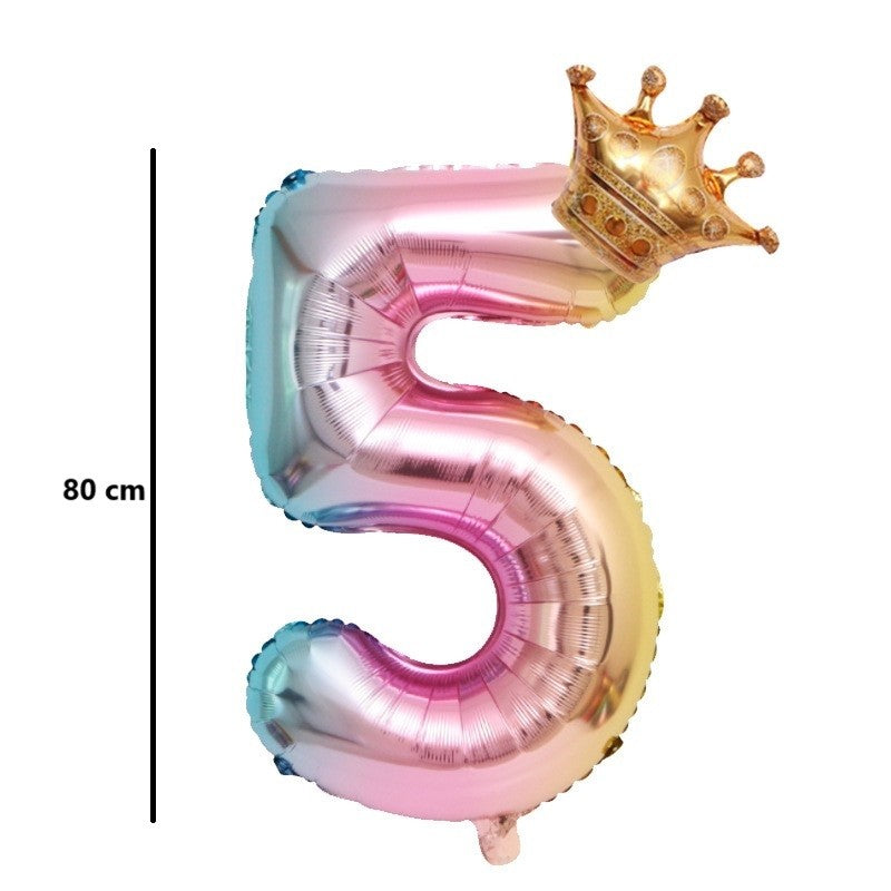 Balon Aniversar Cifra 5, Figurina cu Coronita, Design Gradient Multicolor, Folie Aluminiu, Inaltime 80 cm, Umflare Aer sau Heliu, Include Pai de Umflare, 1 Bucata