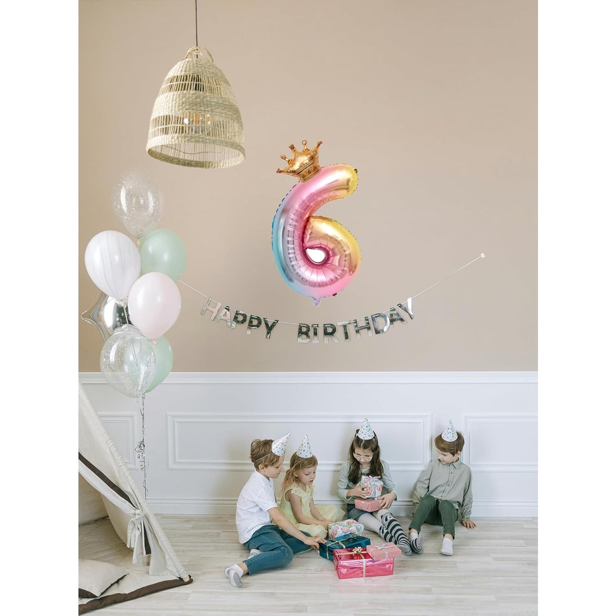 Balon Aniversar Cifra 6, Figurina din Folie Metalizata cu Coronita, Design Gradient, Umflare Aer sau Heliu, Inaltime 80 cm, Multicolor