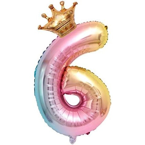 Balon Aniversar Cifra 6, Figurina din Folie Metalizata cu Coronita, Design Gradient, Umflare Aer sau Heliu, Inaltime 80 cm, Multicolor