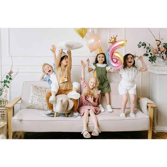 Balon Aniversar Cifra 6, Figurina din Folie Metalizata cu Coronita, Design Gradient, Umflare Aer sau Heliu, Inaltime 80 cm, Multicolor