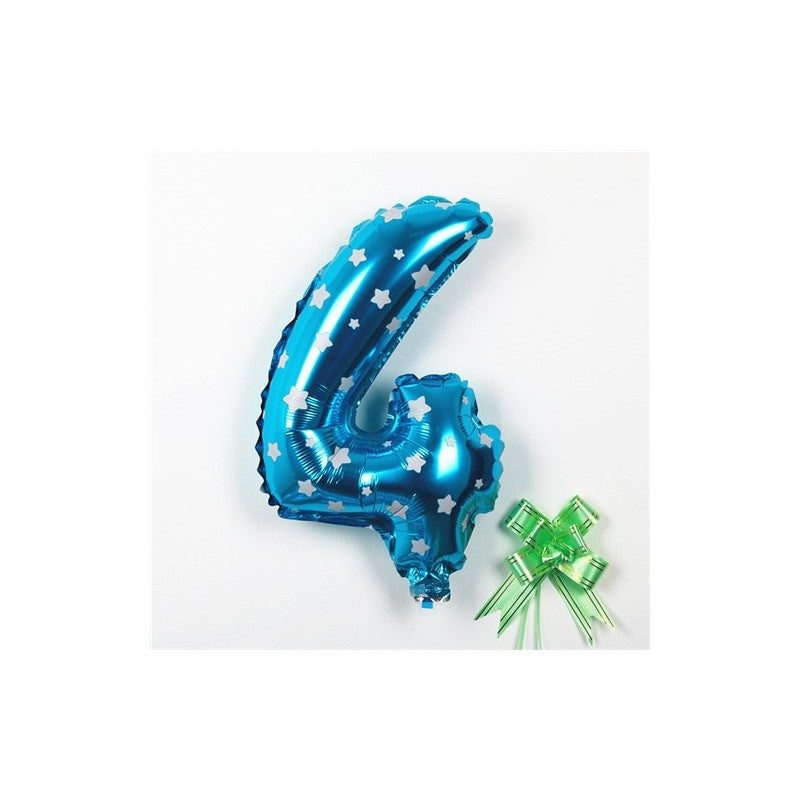 Balon Aniversar Cifra 4, Figurina din Folie Metalizata cu Imprimeu Stele, Umflare Aer sau Heliu, 80 cm, Albastru