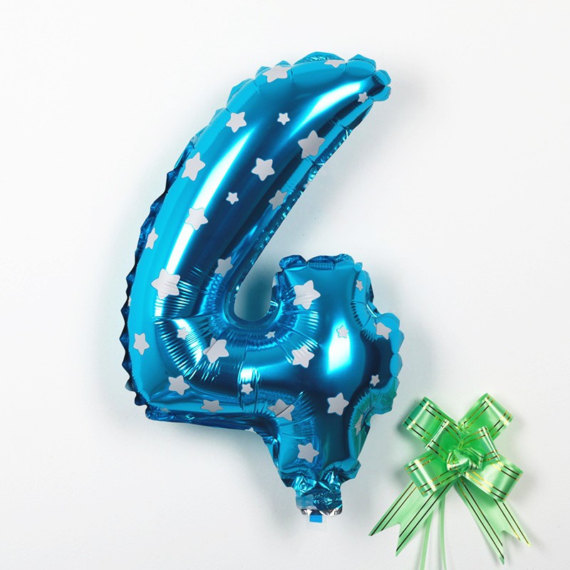 Balon Aniversar Cifra 4, Figurina din Folie Metalizata cu Imprimeu Stele, Umflare Aer sau Heliu, 80 cm, Albastru