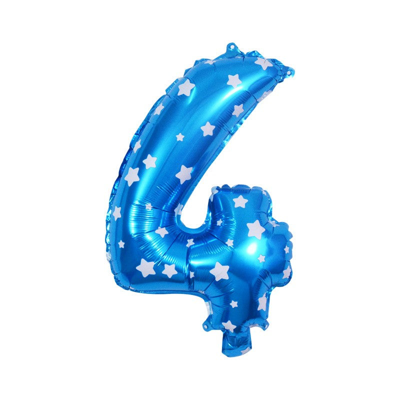 Balon Aniversar Cifra 4, Figurina din Folie Metalizata cu Imprimeu Stele, Umflare Aer sau Heliu, 80 cm, Albastru