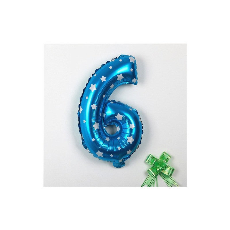 Balon Aniversar Cifra 6, Figurina din Folie Metalizata cu Imprimeu Stele, Umflare Aer sau Heliu, 80 cm, Albastru