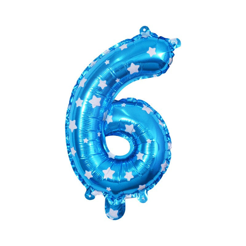 Balon Aniversar Cifra 6, Figurina din Folie Metalizata cu Imprimeu Stele, Umflare Aer sau Heliu, 80 cm, Albastru