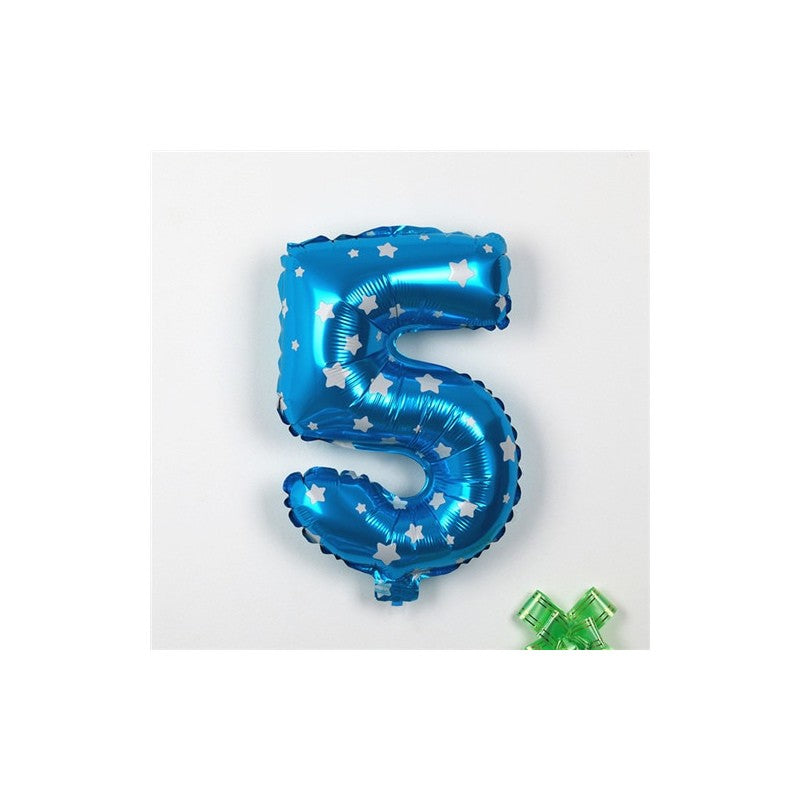 Balon Aniversar Cifra 5, Figurina din Folie Metalizata cu Imprimeu Stele, Umflare Aer sau Heliu, 80 cm, Albastru
