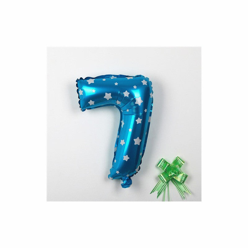 Balon Aniversar Cifra 7, Figurina din Folie Metalizata cu Imprimeu Stele, Umflare Aer sau Heliu, include Pai, 80 cm, Albastru