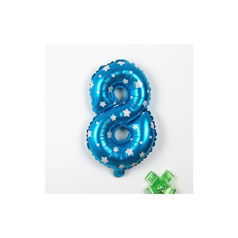 Balon Aniversar Cifra 8, Figurina din Folie Metalizata cu Imprimeu Stele, Umflare Aer sau Heliu, 80 cm, Albastru