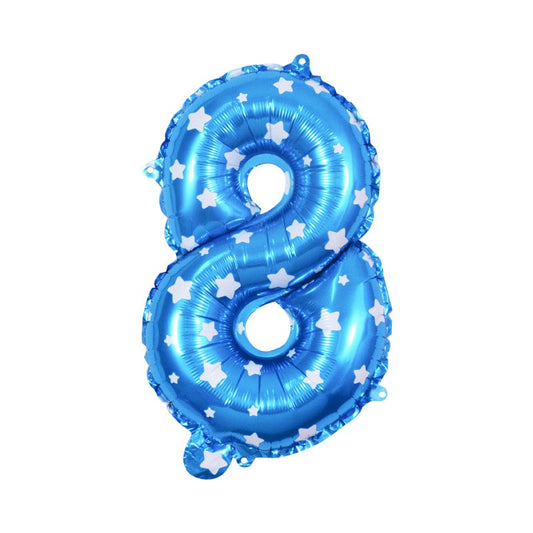 Balon Aniversar Cifra 8, Figurina din Folie Metalizata cu Imprimeu Stele, Umflare Aer sau Heliu, 80 cm, Albastru