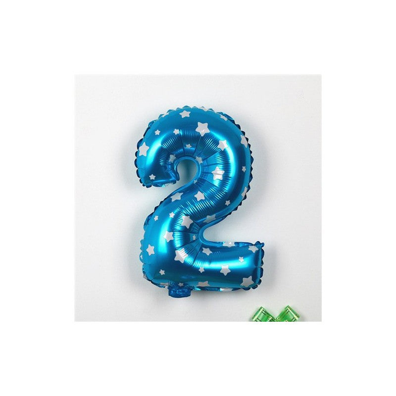 Balon Aniversar Cifra 2, Figurina din Folie Metalizata cu Imprimeu Stele, Umflare Aer sau Heliu, 80 cm, Albastru