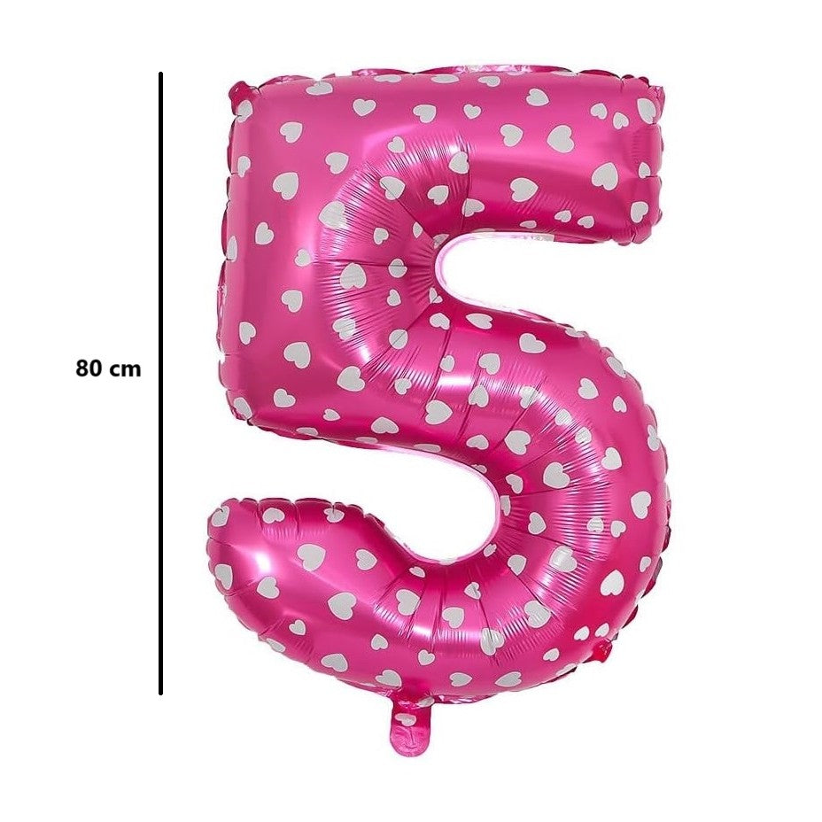 Balon Cifra 5 din Folie Metalizata, Figurina Aniversara cu Imprimeu Inimi, Set cu Pai Inclus, Umflare Aer sau Heliu, Roz, 80 cm