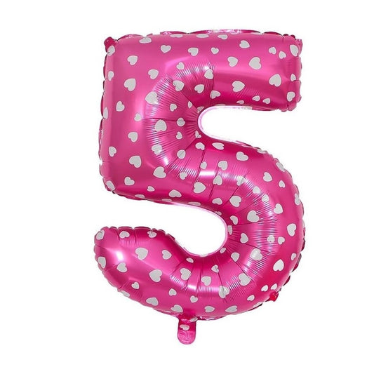 Balon Cifra 5 din Folie Metalizata, Figurina Aniversara cu Imprimeu Inimi, Set cu Pai Inclus, Umflare Aer sau Heliu, Roz, 80 cm