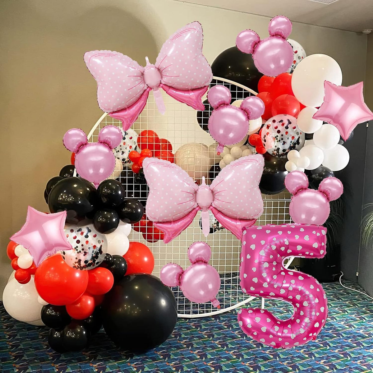 Balon Cifra 5 din Folie Metalizata, Figurina Aniversara cu Imprimeu Inimi, Set cu Pai Inclus, Umflare Aer sau Heliu, Roz, 80 cm