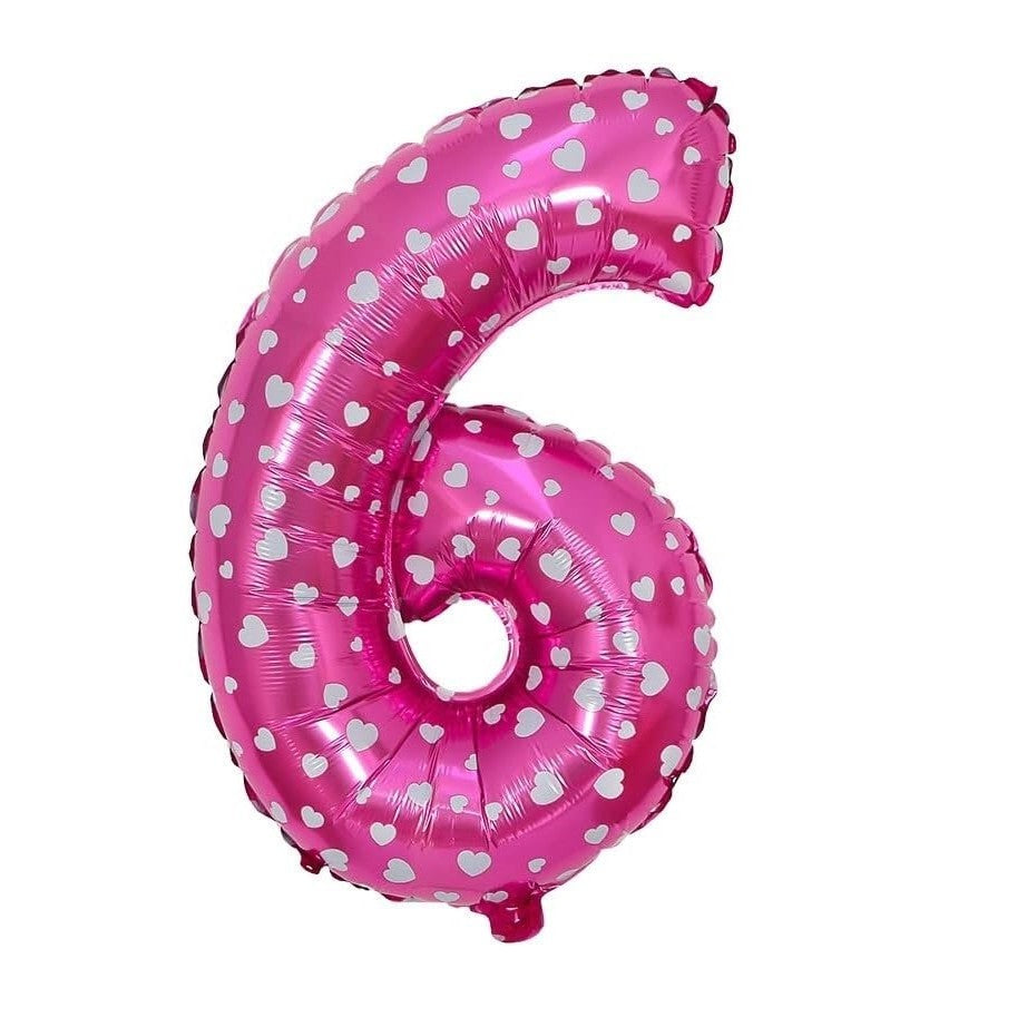 Balon Din Folie Metalizata In Forma De Cifra 6, Imprimeu Inimi, Figurina Aniversara Umflare Aer Sau Heliu, Include Pai, Roz, 80 cm