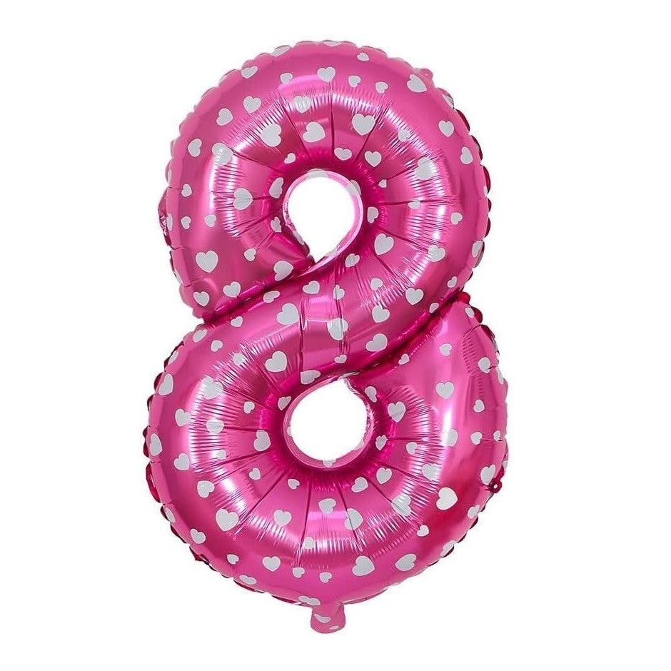 Balon Aniversar Cifra 8 din Folie Metalizata, Figurina cu Imprimeu Inimi, Umflare Aer sau Heliu, 80 cm, Roz