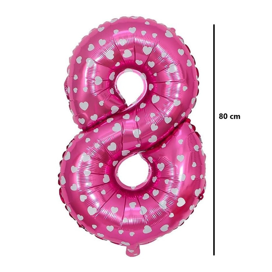 Balon Aniversar Cifra 8 din Folie Metalizata, Figurina cu Imprimeu Inimi, Umflare Aer sau Heliu, 80 cm, Roz