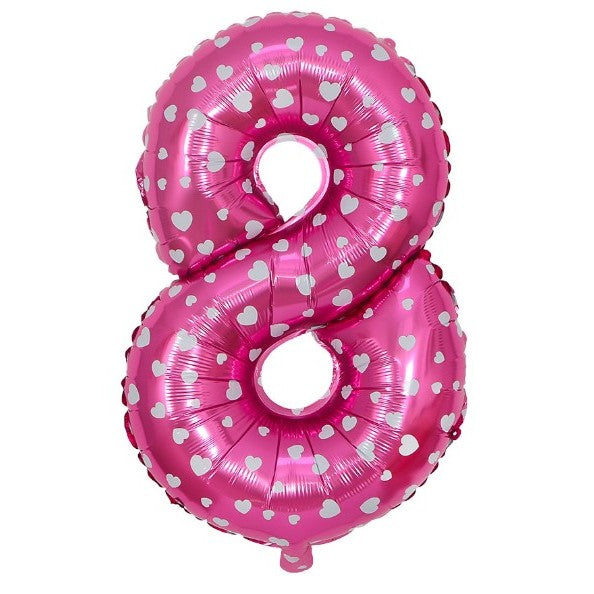 Balon Aniversar Cifra 8 din Folie Metalizata, Figurina cu Imprimeu Inimi, Umflare Aer sau Heliu, 80 cm, Roz