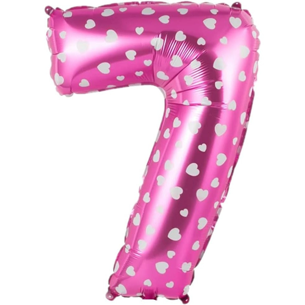 Balon Figurina Cifra 7, Imprimeu Inimi pentru Aniversare, Folie Metalizata, Umflare Aer sau Heliu, Include Pai, Roz, 80 cm