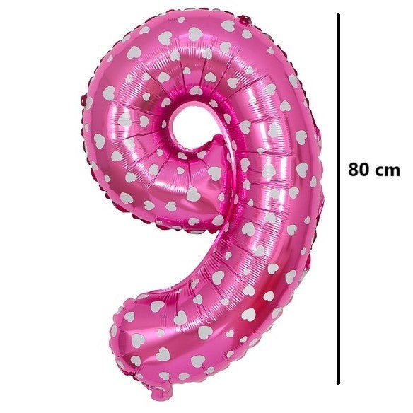 Balon Aniversar Cifra 9, Figurina din Folie Metalizata cu Imprimeu Inimi, Umflare Aer sau Heliu, Roz, 80 cm, Pai Inclus
