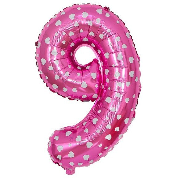 Balon Aniversar Cifra 9, Figurina din Folie Metalizata cu Imprimeu Inimi, Umflare Aer sau Heliu, Roz, 80 cm, Pai Inclus