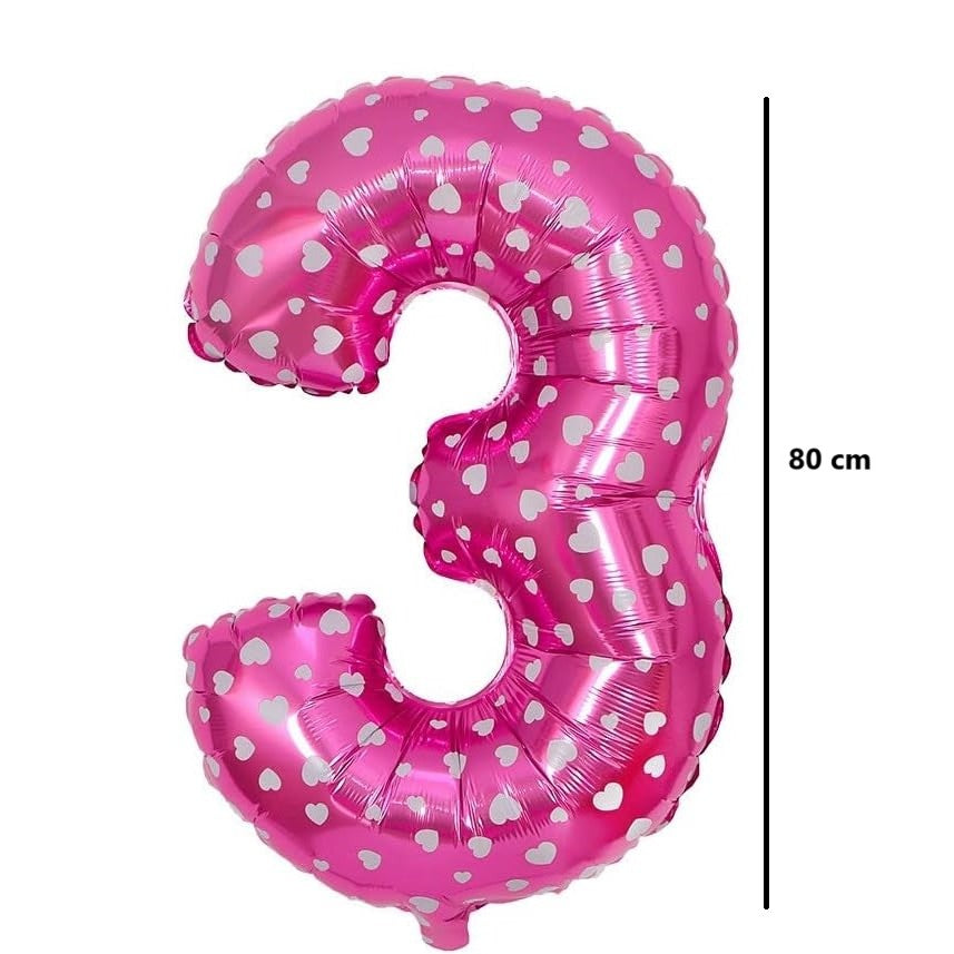 Balon Aniversar Cifra 3, Figurina din Folie Metalizata cu Imprimeu Inimi, Potrivit pentru Aer sau Heliu, Roz, 80 cm