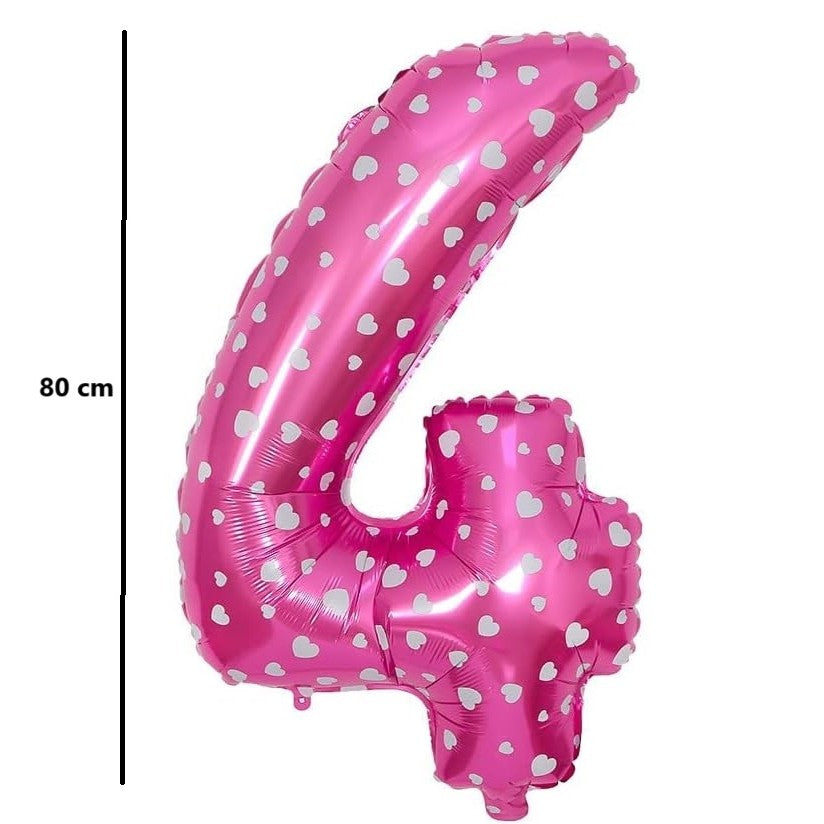 Balon Cifra 4 din Folie Metalizata, Imprimeu Inimi, Figurina Aniversare pentru Aer sau Heliu, Roz, 80 cm, Pai Inclus