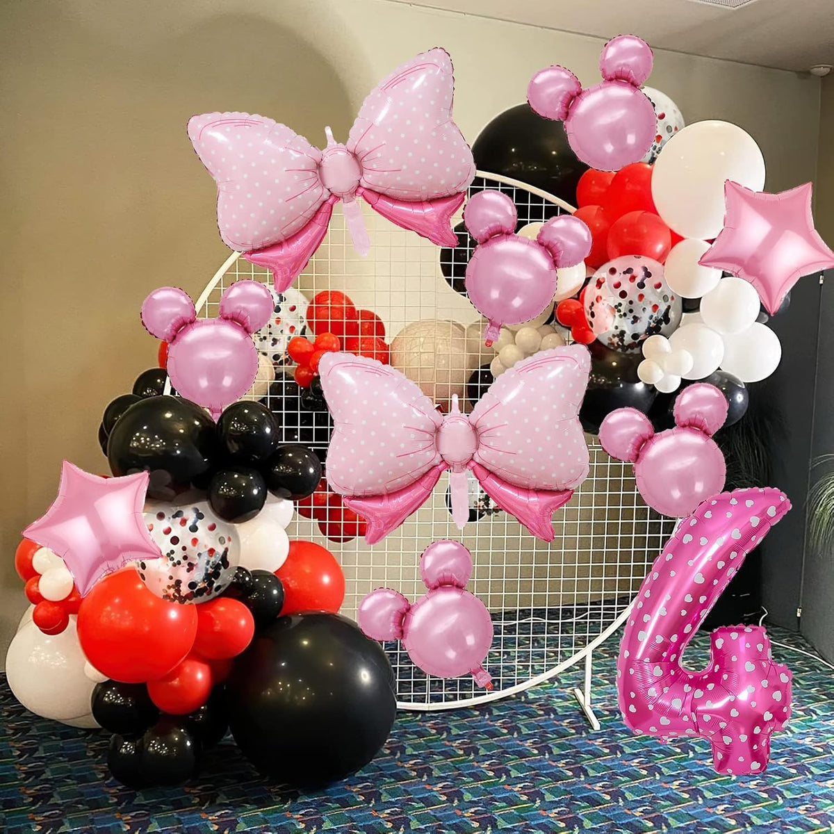 Balon Cifra 4 din Folie Metalizata, Imprimeu Inimi, Figurina Aniversare pentru Aer sau Heliu, Roz, 80 cm, Pai Inclus