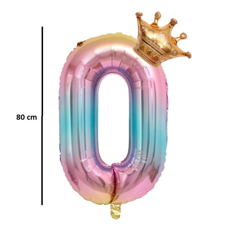 Balon Aniversar Cifra 0, Figurina din Folie Metalizata cu Coronita, Design Gradient, Umflare Aer sau Heliu, 80 cm