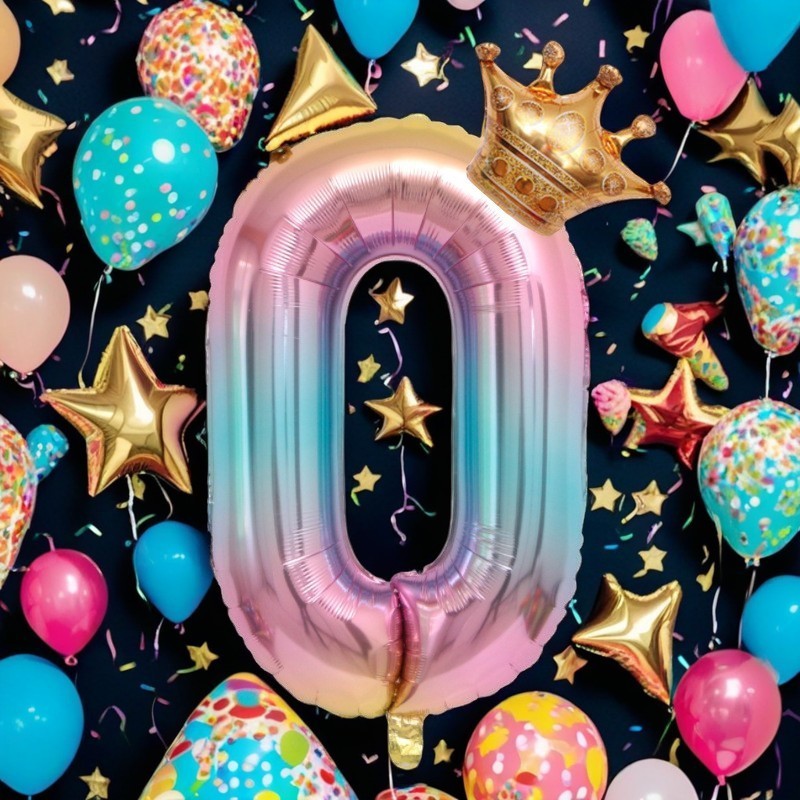 Balon Aniversar Cifra 0, Figurina din Folie Metalizata cu Coronita, Design Gradient, Umflare Aer sau Heliu, 80 cm