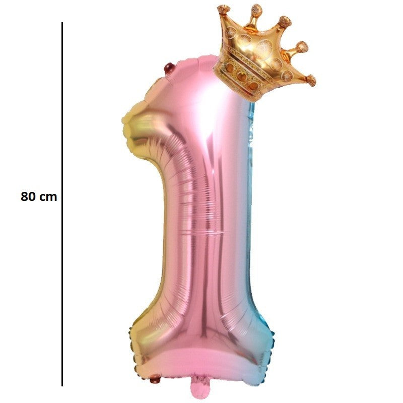 Balon Aniversar Cifra 1, Figurina Cifra Gradient cu Coronita, Folie Metalizata, Umflare Aer sau Heliu, 80 cm, Multicolor