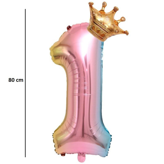 Balon Aniversar Cifra 1, Figurina Cifra Gradient cu Coronita, Folie Metalizata, Umflare Aer sau Heliu, 80 cm, Multicolor