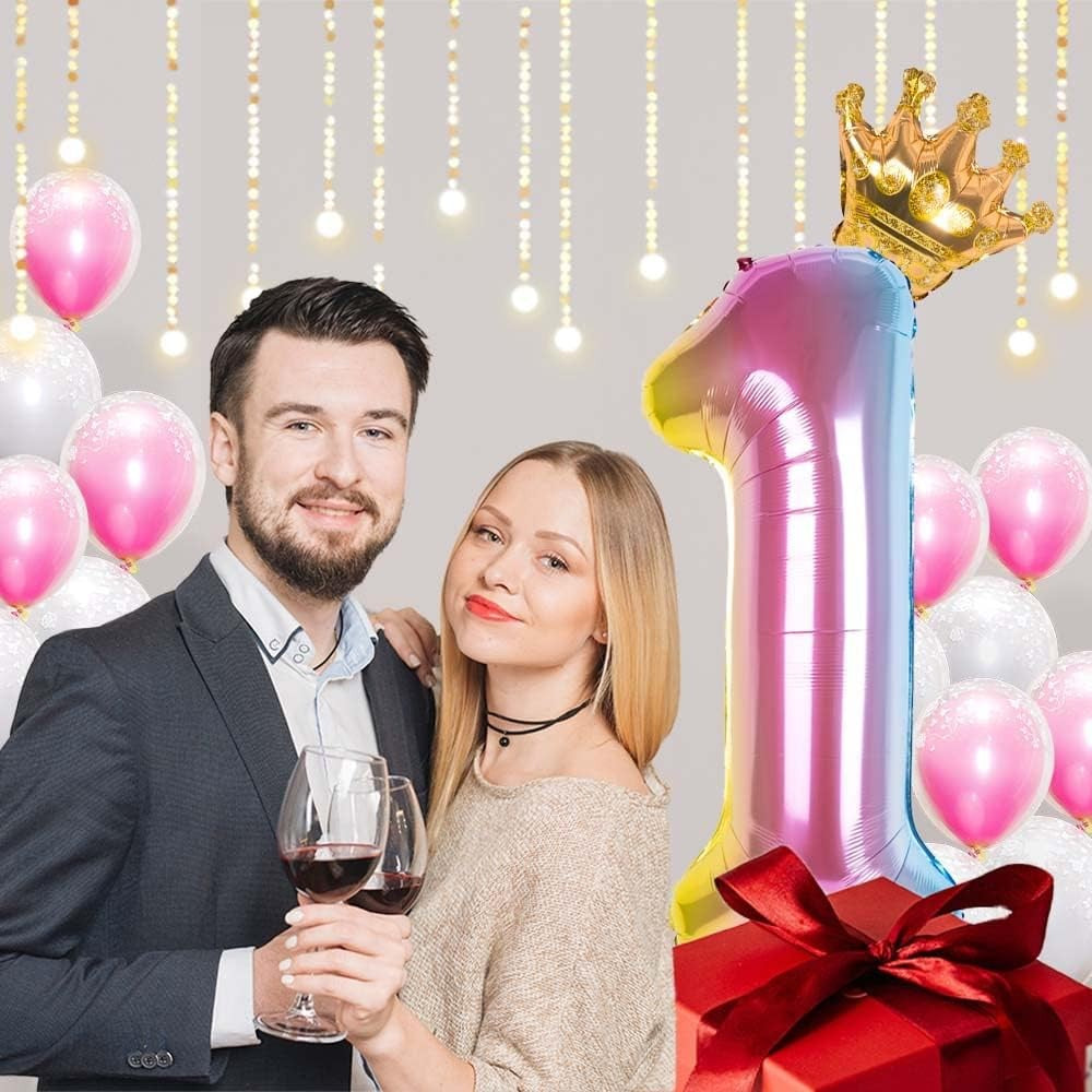 Balon Aniversar Cifra 1, Figurina Cifra Gradient cu Coronita, Folie Metalizata, Umflare Aer sau Heliu, 80 cm, Multicolor