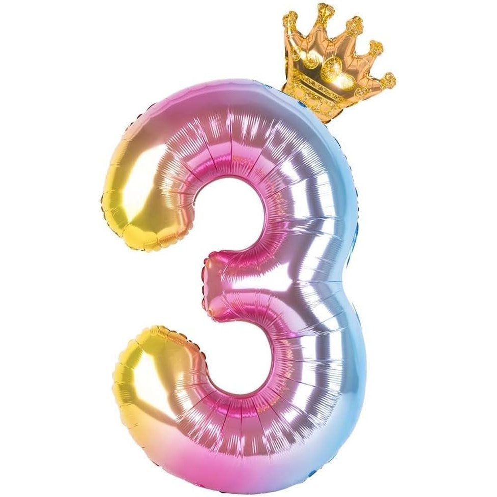 Balon Cifra 3 Aniversar, Figurina cu Coronita, Efect Gradient, Folie Metalizata, Umflare Aer sau Heliu, 80 cm, Multicolor
