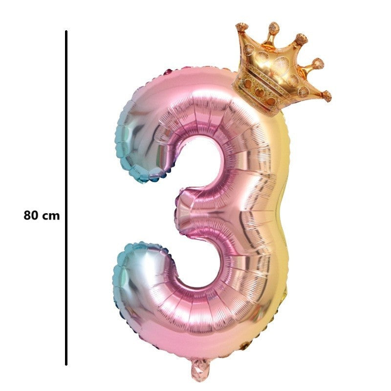 Balon Cifra 3 Aniversar, Figurina cu Coronita, Efect Gradient, Folie Metalizata, Umflare Aer sau Heliu, 80 cm, Multicolor